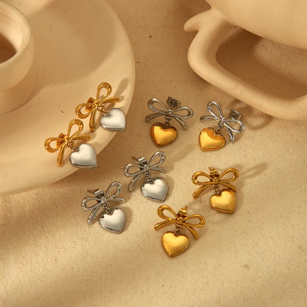 1 Pair Simple Sweet Style Bow Knot Heart Shape Stainless Steel 18K Gold Plated Women's Drop Earrings h5 